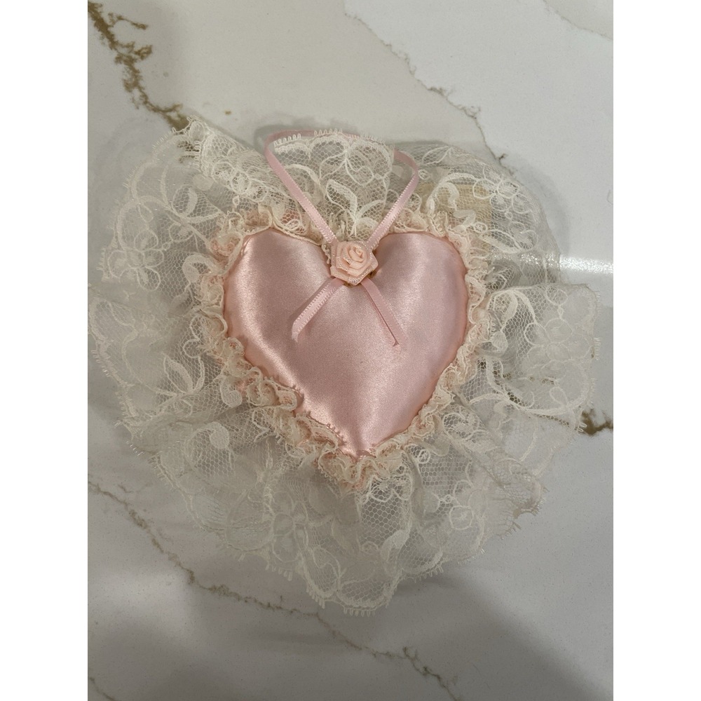 Vintage Victoria's Secret Heart Sachet Pillow Satin Pink Lace Ornament 6" New